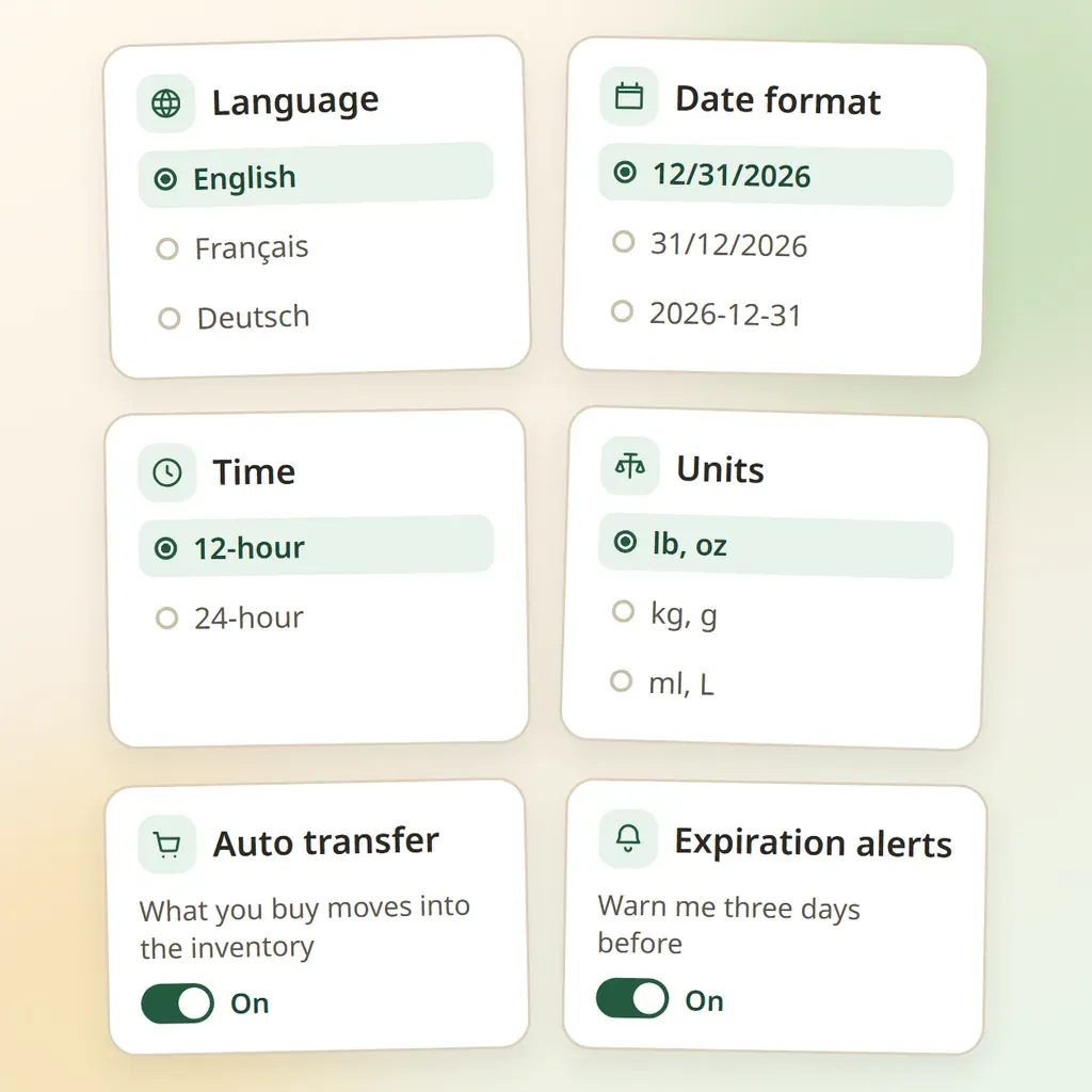 Preference cards for language, date format, time, units, automatic transfer and expiration alerts