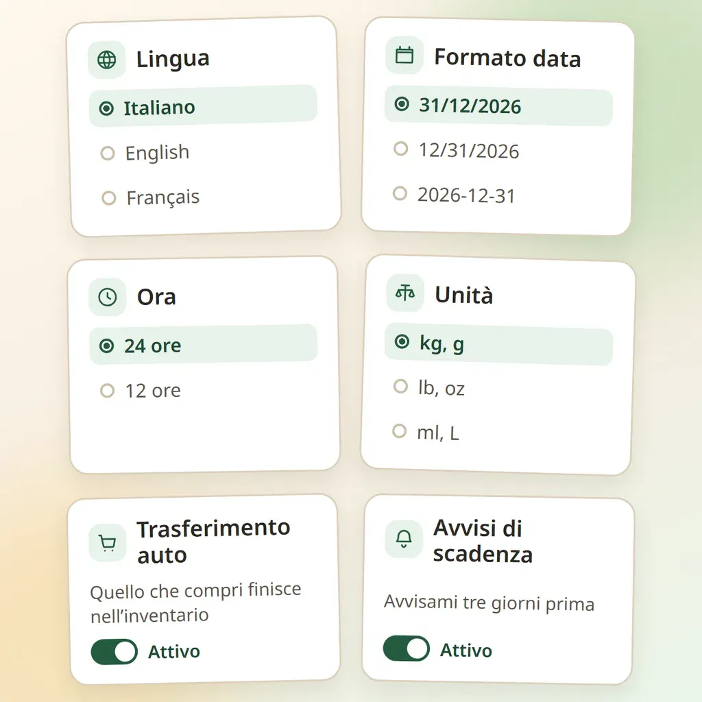 Schede delle preferenze per lingua, formato della data, ora, unità, trasferimento automatico e avvisi di scadenza