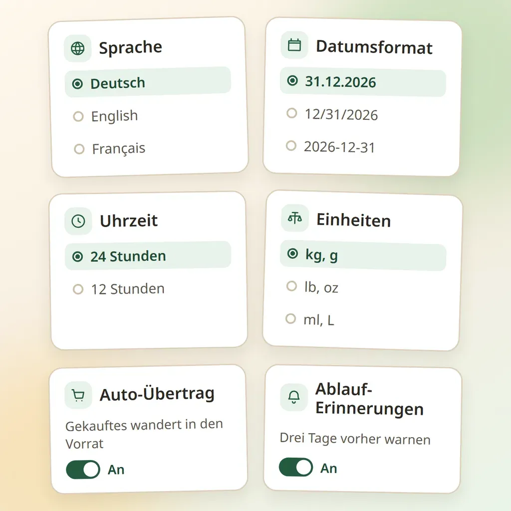 Einstellungskarten für Sprache, Datumsformat, Uhrzeit, Einheiten, automatischen Übertrag und Ablauf-Erinnerungen