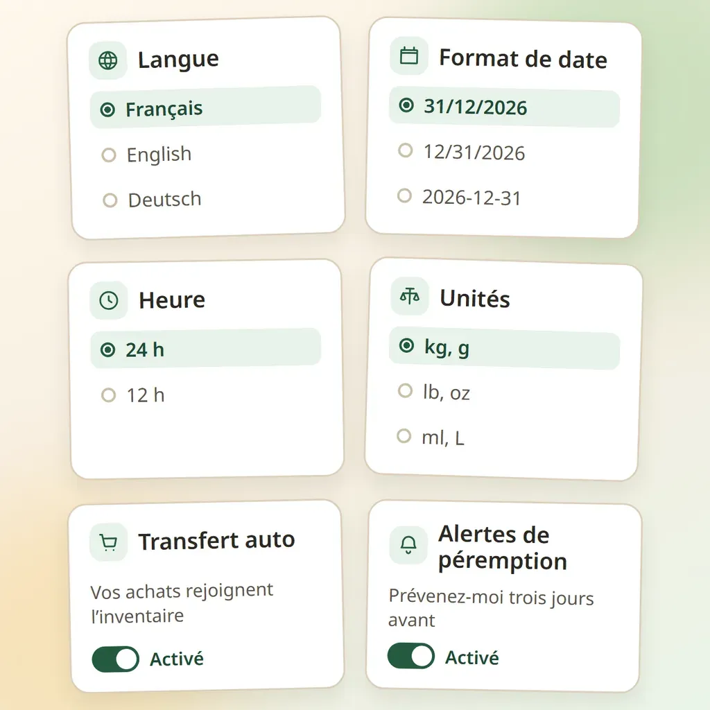 Des cartes de réglages pour la langue, le format de date, l’heure, les unités, le transfert automatique et les alertes de péremption