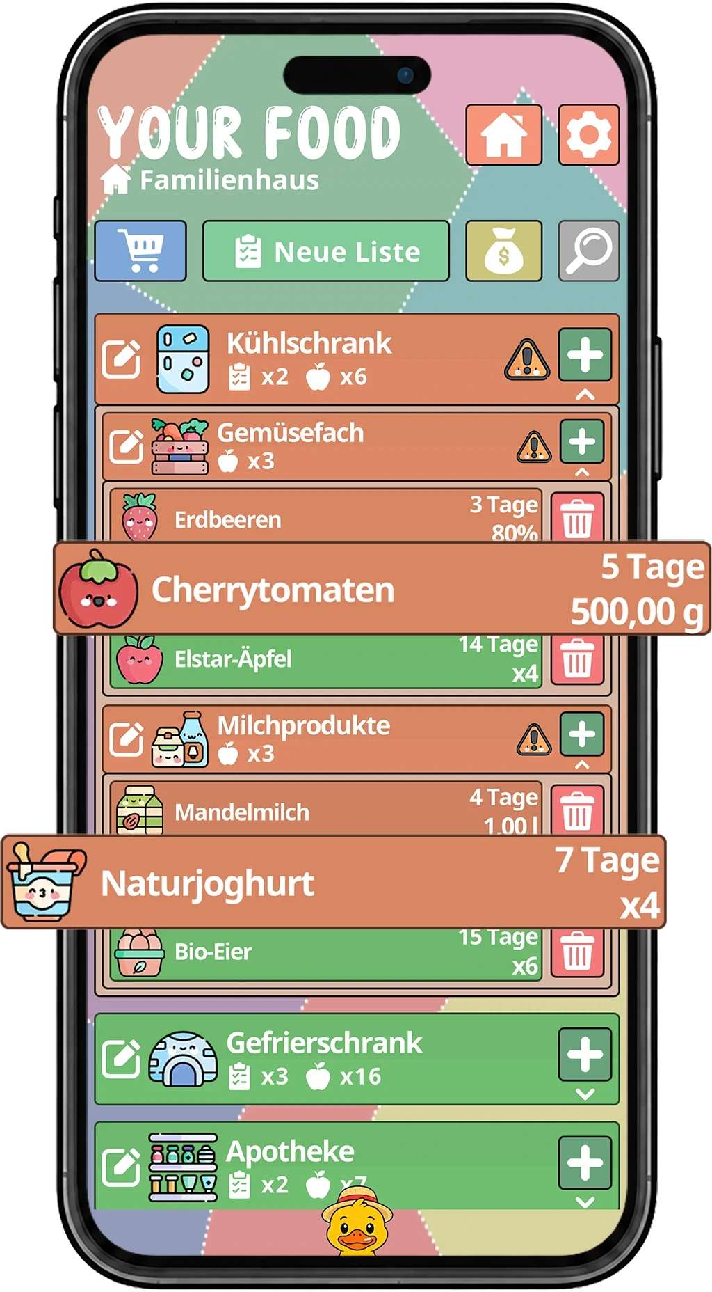 Der Vorratsbildschirm von Your Food auf einem Smartphone