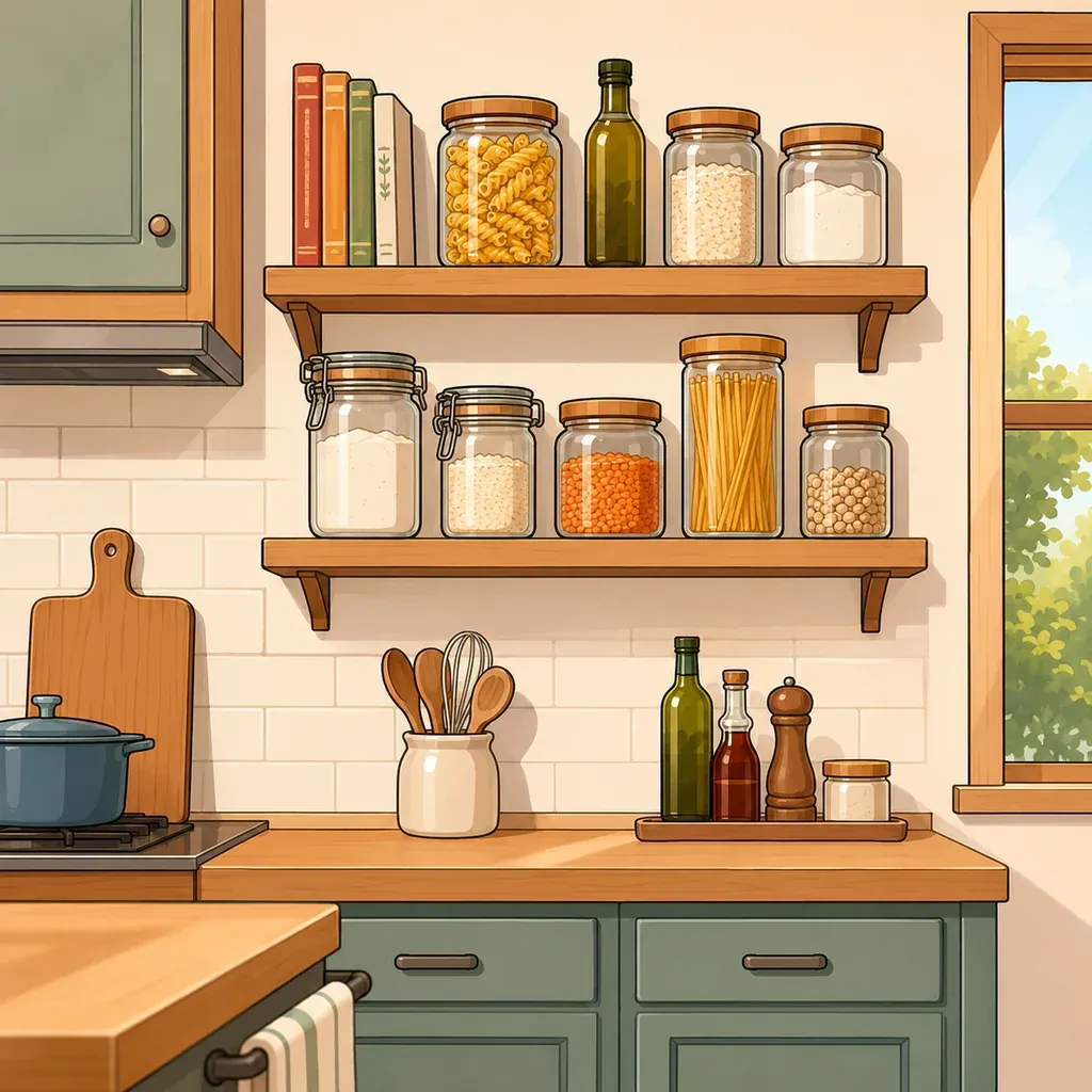 Open kitchen shelves lined with labelled jars of pasta, rice and pulses