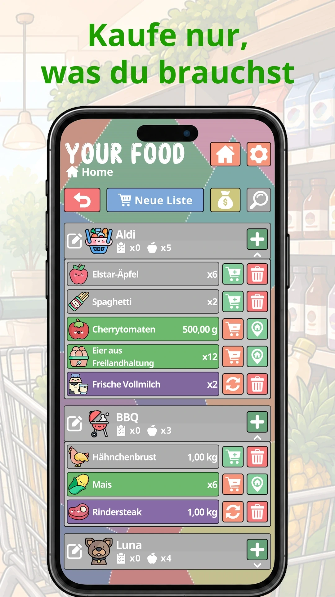 Kaufe nur, was du brauchst — Your Food auf dem Smartphone