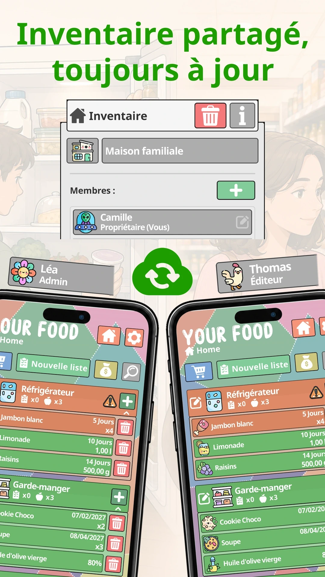 Inventaire partagé, toujours à jour — Your Food sur téléphone