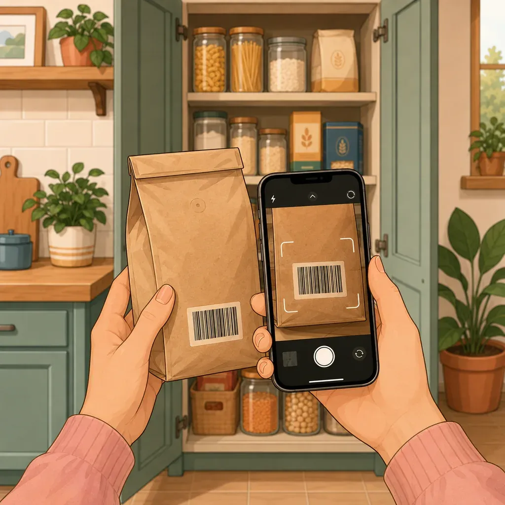 Hände halten eine Papiertüte und ein Handy und scannen den Barcode auf dem Etikett