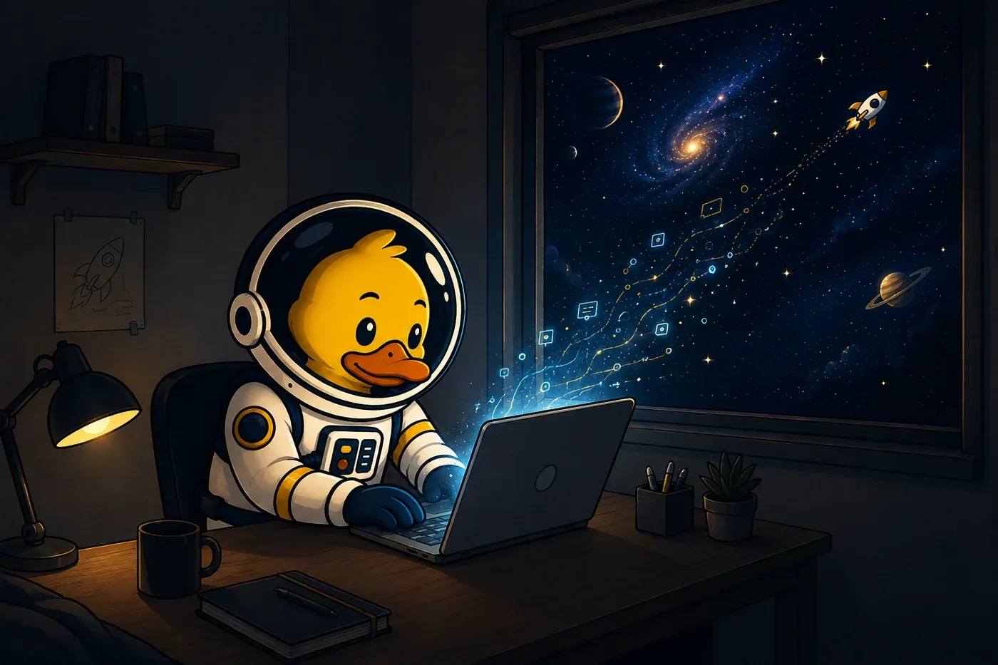 Le canard de Your Food, en combinaison d’astronaute, travaillant tard sur son ordinateur portable, une galaxie derrière la fenêtre