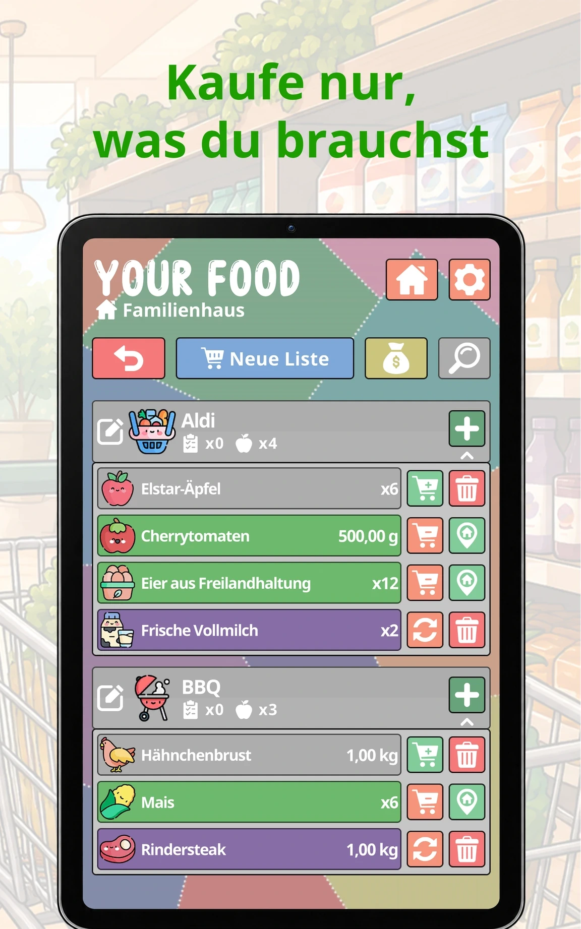 Kaufe nur, was du brauchst — Your Food auf dem Tablet