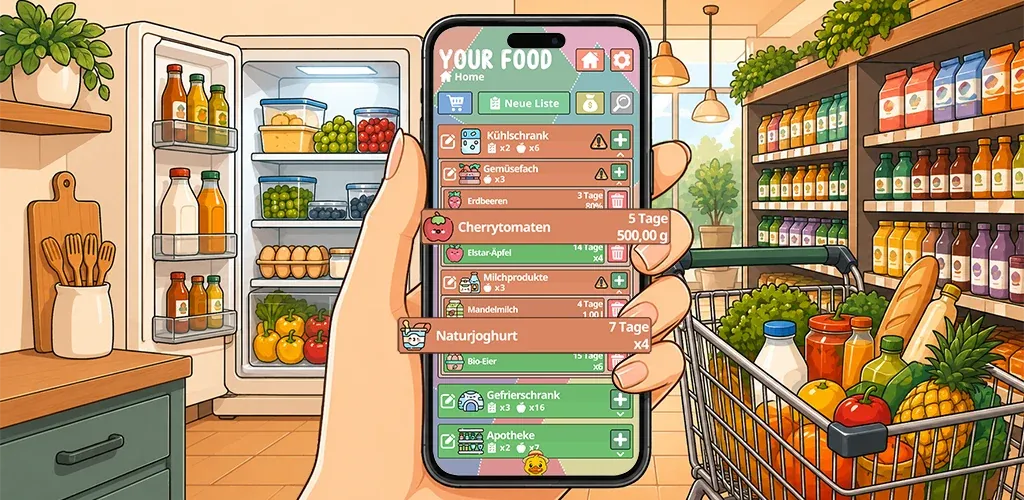 Your Food 4.0.0: der Vorrat auf einem Handy geöffnet, zwischen einem gefüllten Kühlschrank und den Regalen eines Ladens